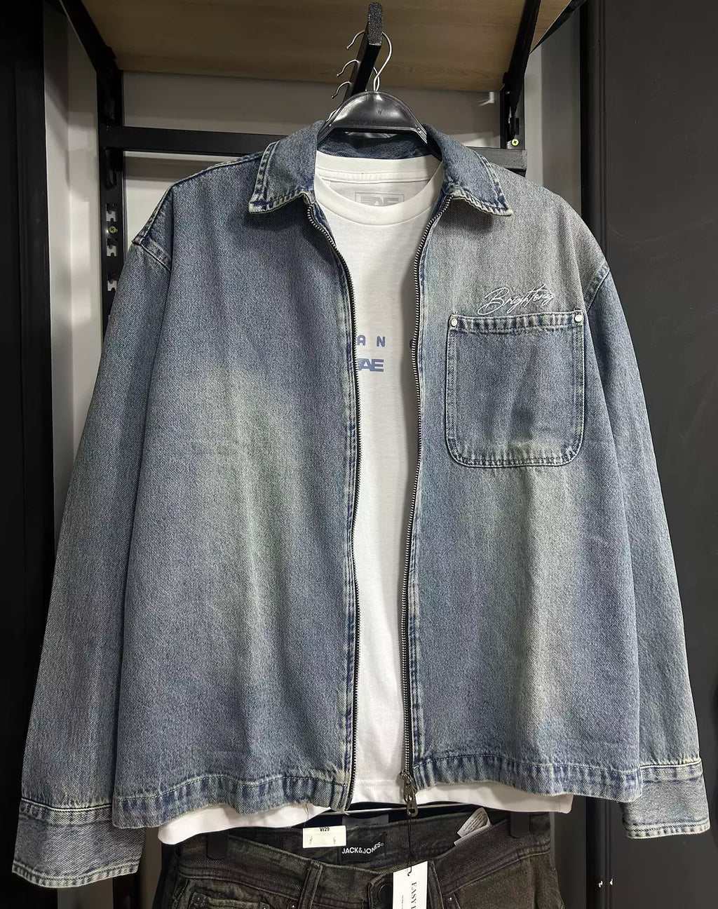 Washed Denim Double Zipper Shirt Jacket