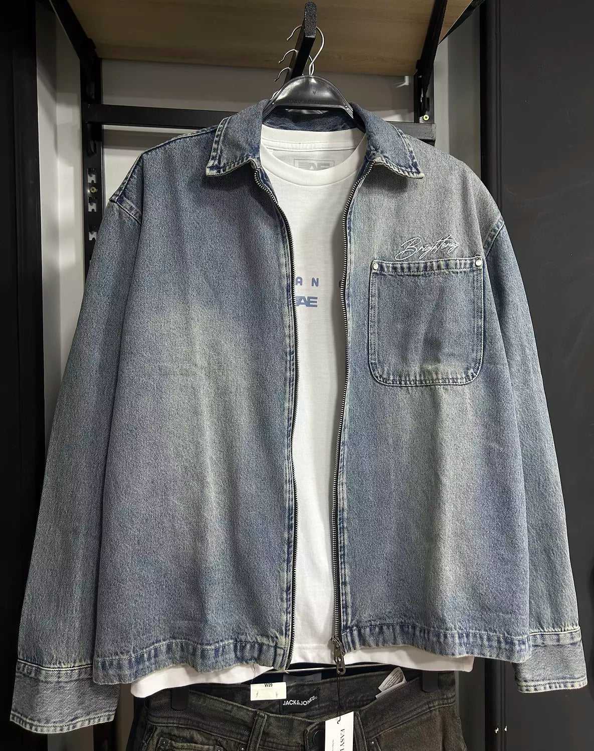 Washed Denim Double Zipper Shirt Jacket