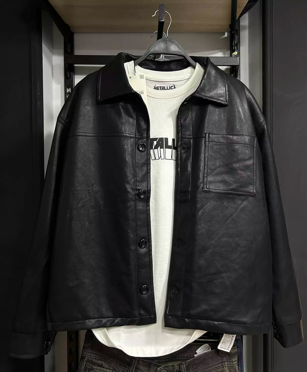 Black Faux Leather Shirt Jacket
