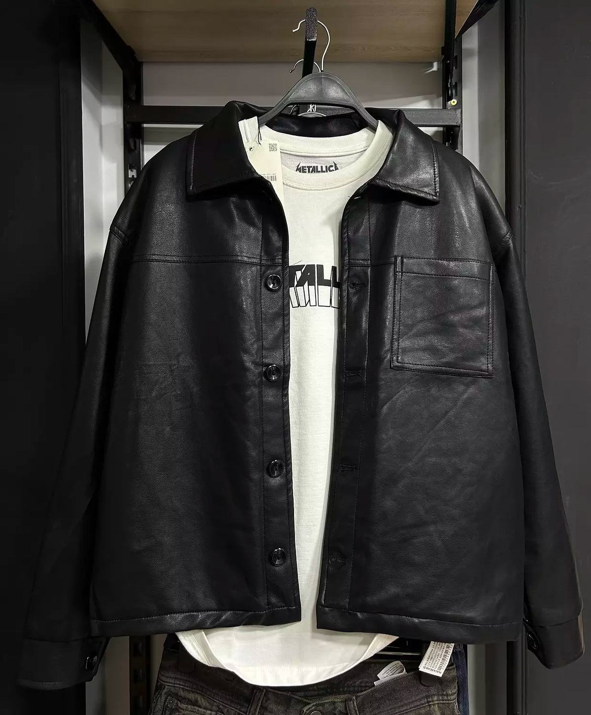 Black Faux Leather Shirt Jacket