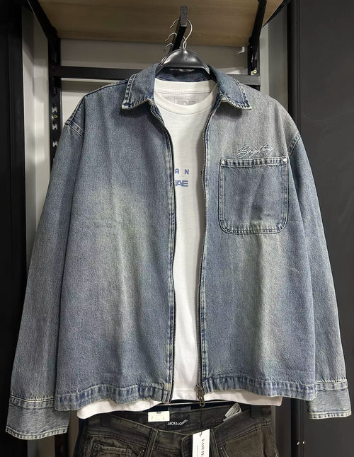 Washed Denim Double Zipper Shirt Jacket