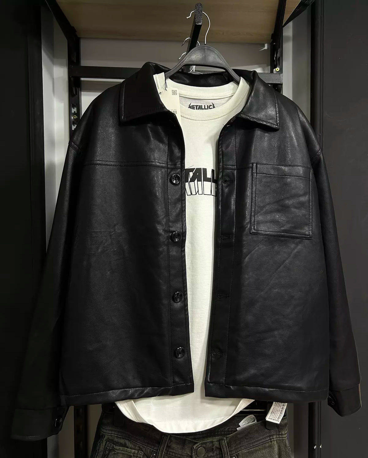 Black Faux Leather Shirt Jacket