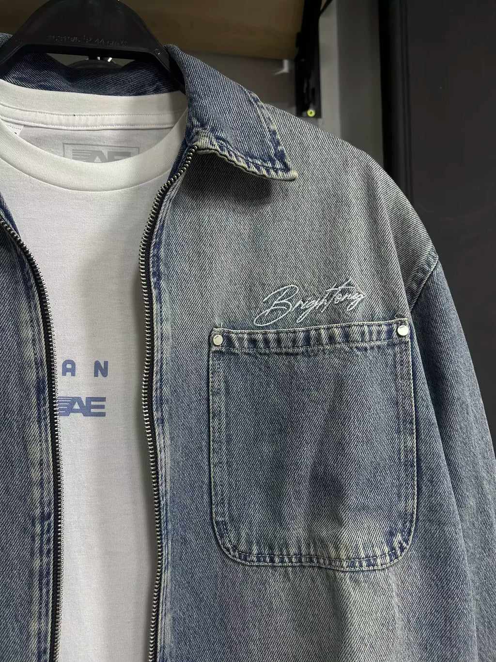 Washed Denim Double Zipper Shirt Jacket