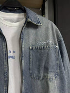 Washed Denim Double Zipper Shirt Jacket