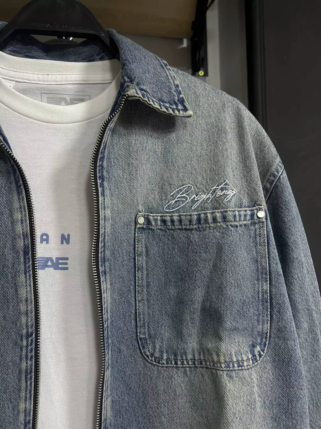 Washed Denim Double Zipper Shirt Jacket