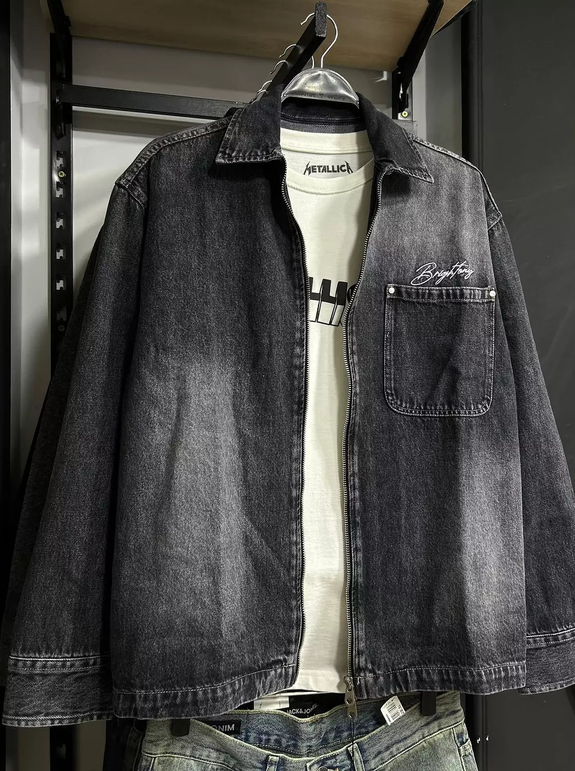 Washed Denim Double Zipper Shirt Jacket