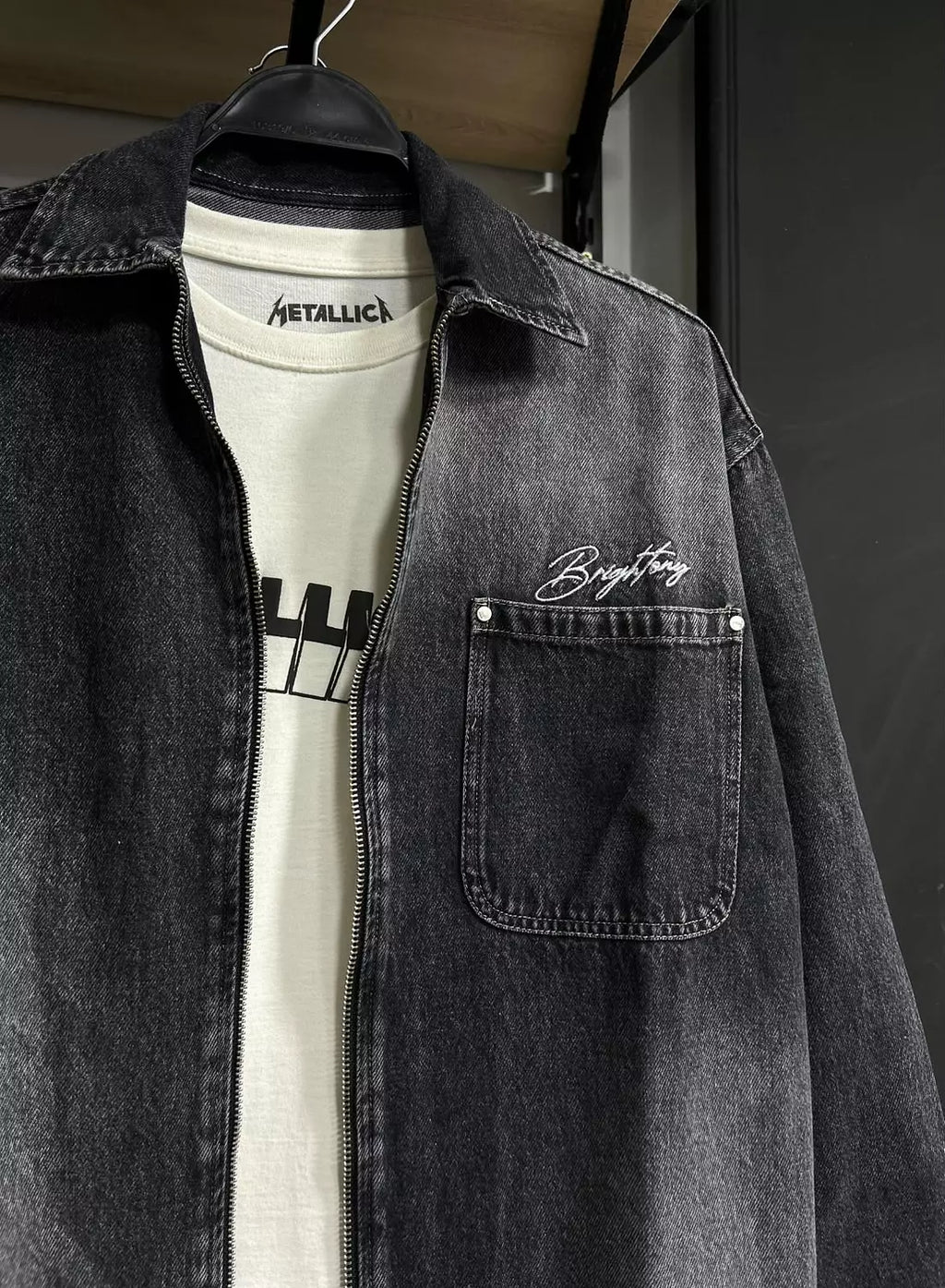 Washed Denim Double Zipper Shirt Jacket